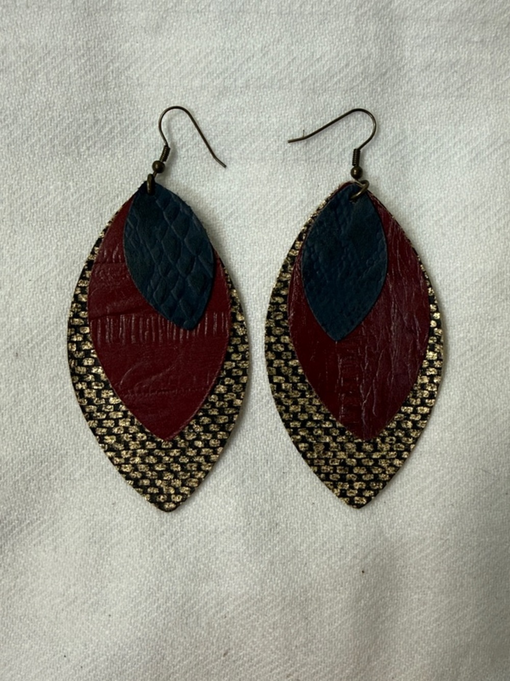 Women’s Layered Teardrop Leather Earrings - Navy & Burgundy with Gold Accents